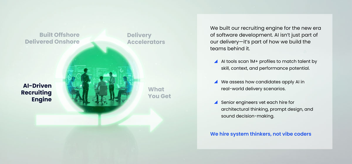 AI-driven recruiting engine for software talent—using AI tools, context-based assessment, and senior engineer vetting.