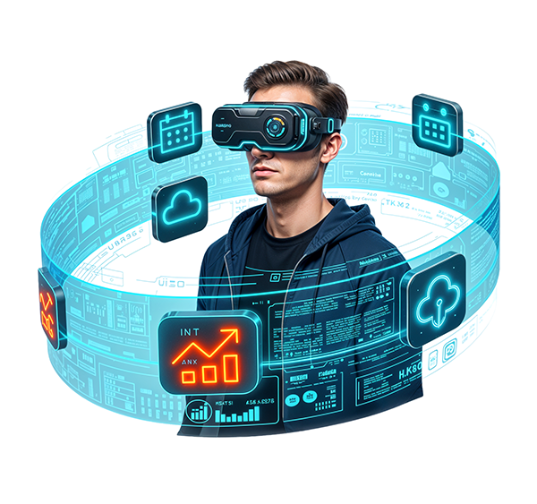 Man with VR headset surrounded by holographic data icons, representing Inclusion Cloud’s Agentic AI autonomy and precision.