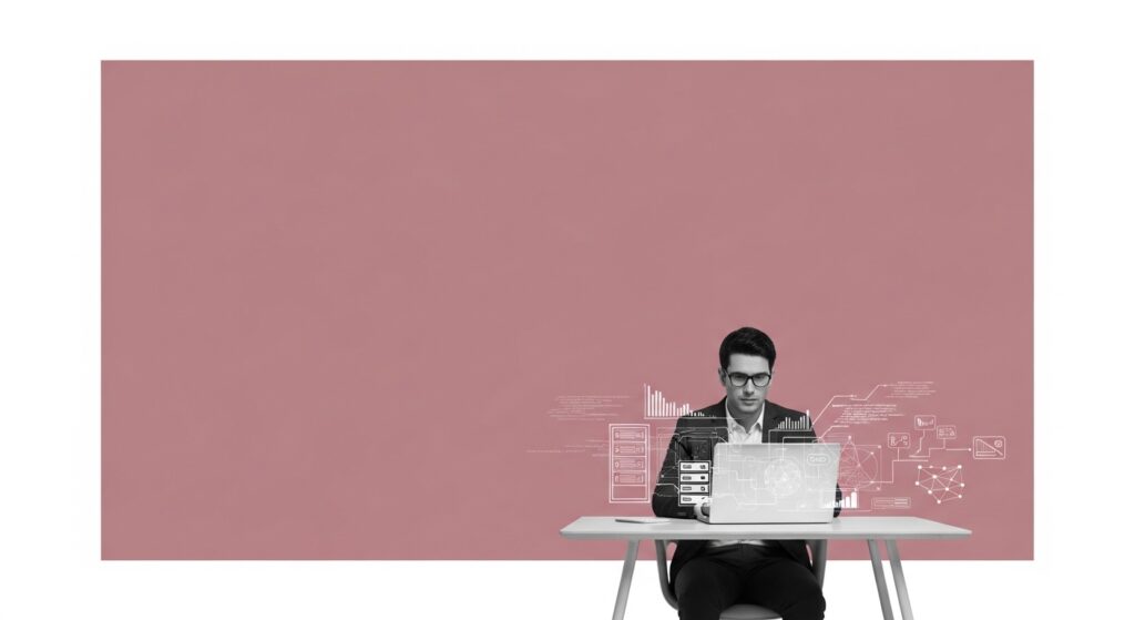 Senior DevOps engineer working on a laptop, centered against a solid pink background, with abstract CI/CD pipelines, infrastructure diagrams, and system metrics overlaid on the screen, representing how GenAI supports DevOps workflows while human expertise remains essential.
