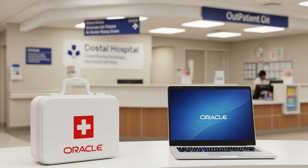 Oracle Health first aid kit and laptop displayed on a desk in a U.S. outpatient clinic reception area, representing integrated healthcare systems and digital EHR workflows.