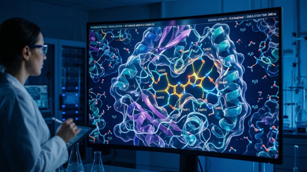 photorealistic pharmaceutical research team working in an advanced drug discovery laboratory, scientists analyzing molecular data on large digital screens, modern biotech lab environment, microscopes, glassware and lab equipment visible.