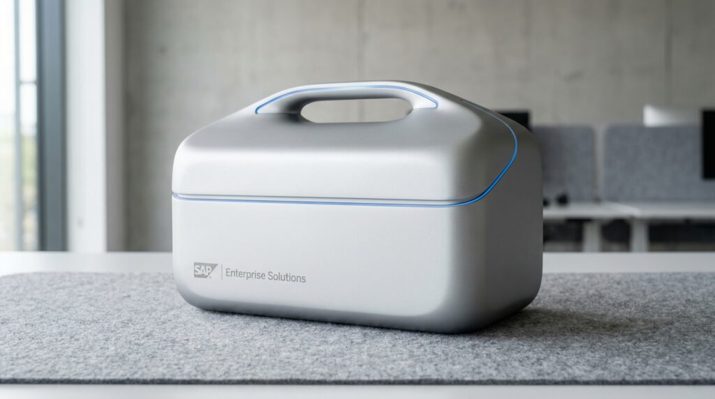 Modern SAP toolbox with minimalist aluminum finish and blue highlights, symbolizing tools and expertise needed for RISE with SAP and S/4HANA transformation.