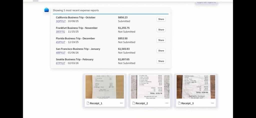 SAP Concur dashboard displaying recent business expense reports with trip details, submission status, and attached receipt images, organized in a structured digital expense management interface.