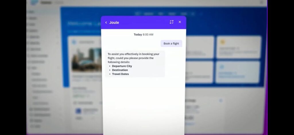 Screenshot of Joule AI assistant interface in SAP Concur helping a user book a flight, prompting for details such as departure city, destination, and travel dates within a business application environment.