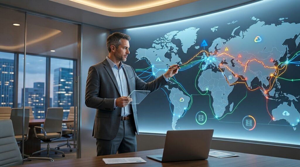 CIO analyzing a digital world map with global IT infrastructure, cloud regions and network routes while planning a resilient software delivery strategy in response to geopolitical risk.