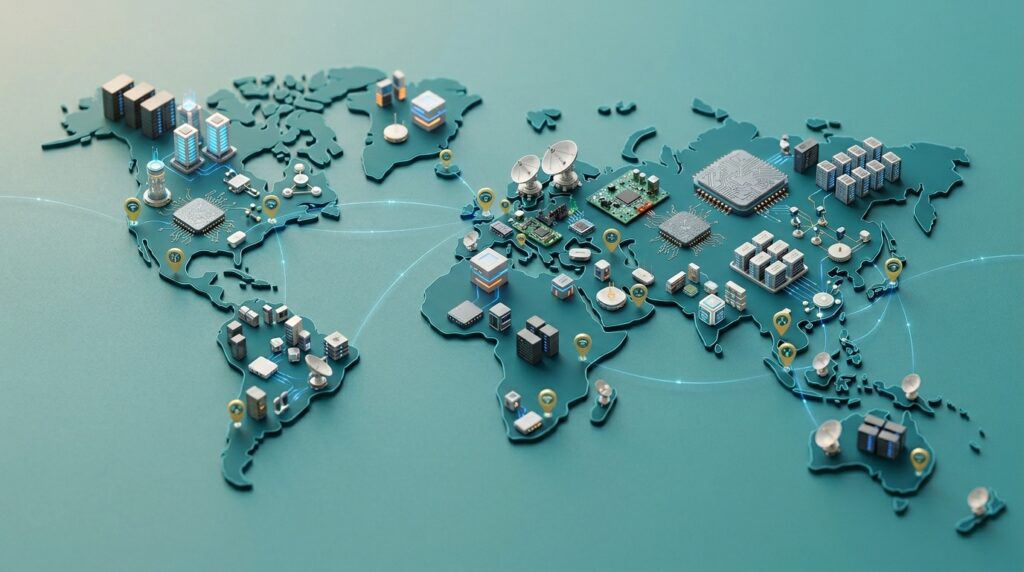 Global map with data centers, AI chips, and digital infrastructure connected by data lines, illustrating how geopolitical tensions are affecting global software delivery networks and resilient technology infrastructure.