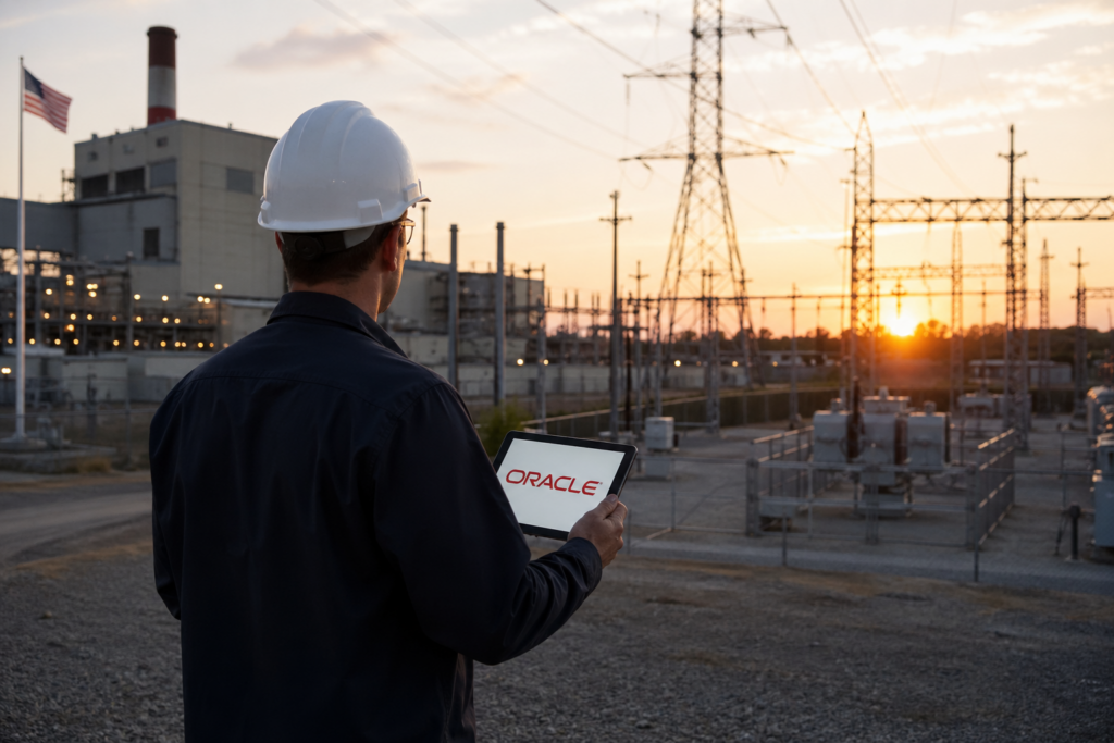 Technician overlooking a power grid using a tablet with Oracle interface, representing Oracle in Utilities and AI-driven energy operations