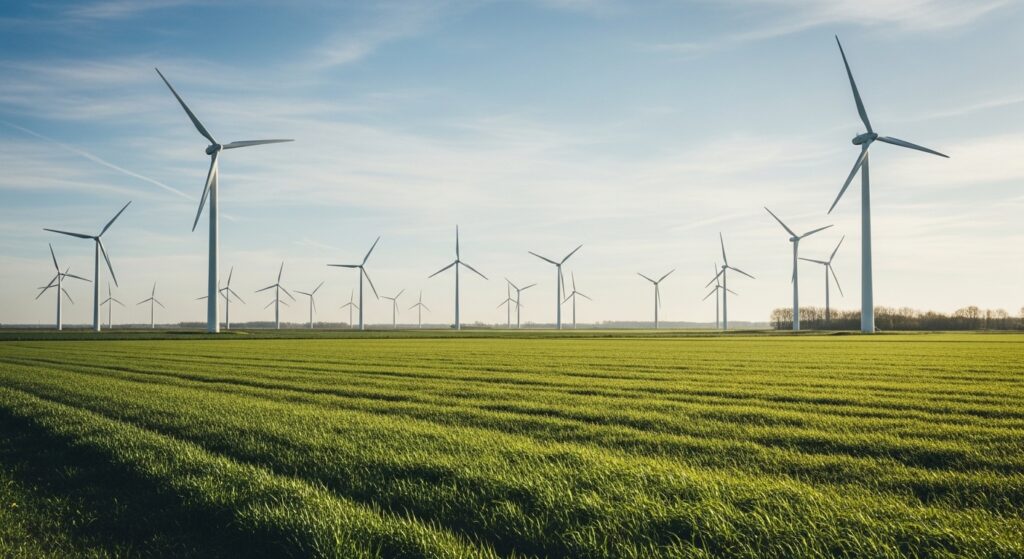 Realistic drone inspecting an electrical power plant and surrounding grid infrastructure on a sunny day, representing AI in utilities for predictive maintenance and real-time monitoring.