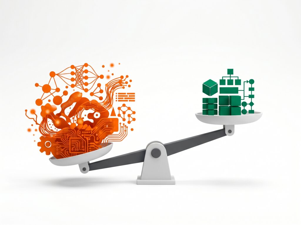 3D illustration of a balance scale comparing GenAI and predictive AI, with GenAI represented as a complex, chaotic system outweighing a structured and efficient machine learning process, symbolizing imbalance in AI investment and ROI