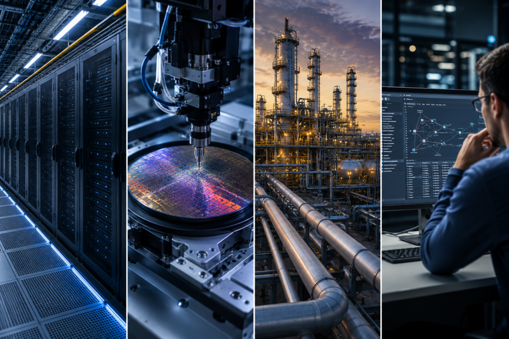 Split-screen illustration showing the industries supported by chemical manufacturing: a modern data center with advanced cooling infrastructure, semiconductor production using specialty chemicals in a cleanroom environment, large-scale energy infrastructure facilities, and AI engineers working with large language models and high-performance computing systems. The image highlights how chemical manufacturing enables digital infrastructure, energy systems, semiconductor fabrication, and artificial intelligence technologies.