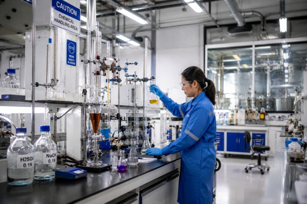 Quality control laboratory inside a chemical manufacturing facility, showing a technician analyzing chemical samples with laboratory glassware and testing equipment. The industrial lab environment highlights formulation development, product quality assurance, regulatory compliance, and process optimization activities that support modern chemical manufacturing operations.