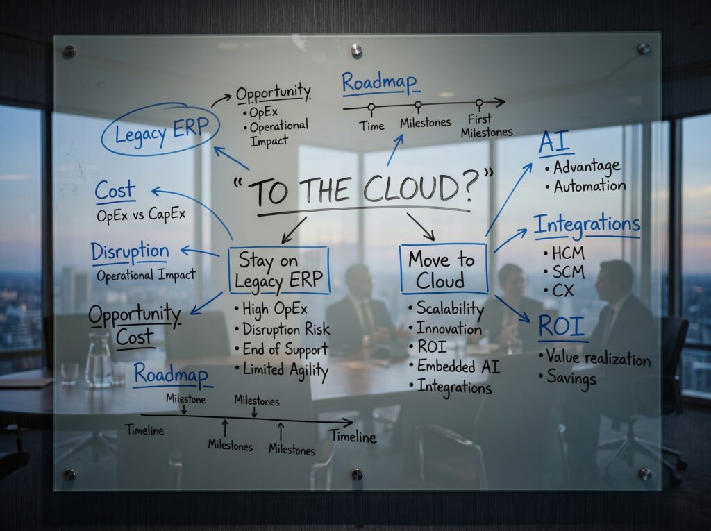 Whiteboard in a modern boardroom showing “To the cloud?” as part of a legacy Oracle ERP modernization discussion.