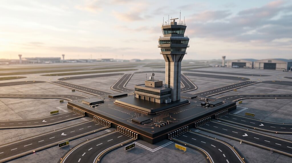A realistic airport control tower built on top of a large, elegant microchip instead of a conventional foundation. The microchip is designed with clean industrial details, matte black and metallic finishes, and subtle etched circuits—minimal and sophisticated, not futuristic. From the edges of the chip, multiple organized pathways, resembling airport taxiways or transportation routes, extend outward in different directions, symbolizing AI requests being intelligently routed to multiple AI models and enterprise systems. The control tower is the unmistakable focal point, representing centralized orchestration, governance, security, and traffic management.
